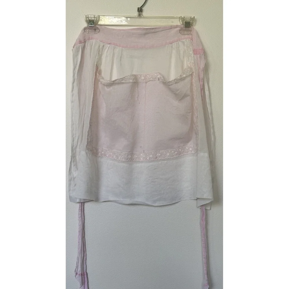 Vintage 1950's Half APRON, Hostess Apron Pink Sheer with Lace, Pockets